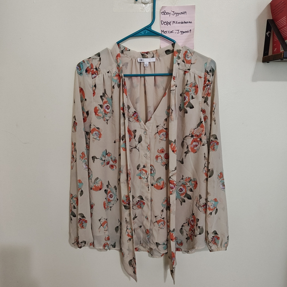DR2 Top Blouse Women Size S tan Multi Floral Long Sleeve Front Tie BOHO